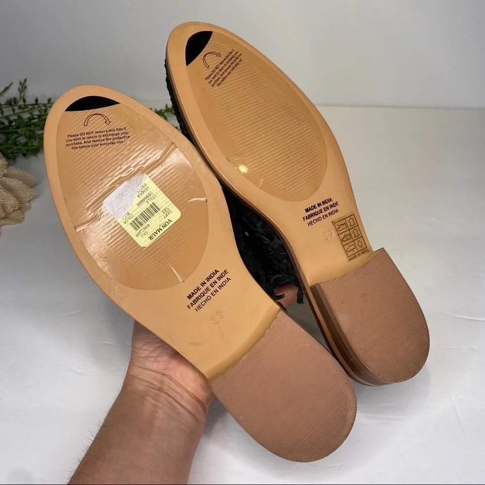 Free People Mirage Woven Leather Flat Black Fringe Slides Size 39 NWT